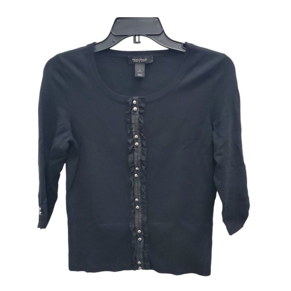 White House Black Market Black Ruffle Academia Snap Button 3/4 Knit Cardigan S